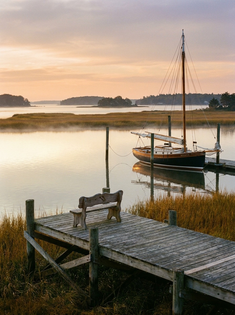 A private wooden dock at sunrise with a moored gaff-rigged sailboat, mist over the marsh and open bay beyond.