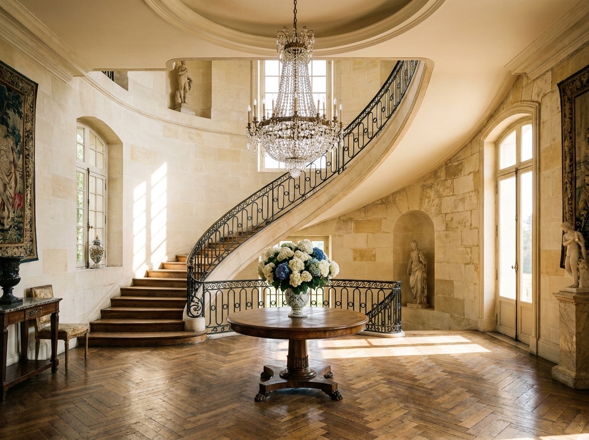 A limestone rotunda foyer with a curved wrought-iron stair, crystal chandelier, and herringbone parquet floor.