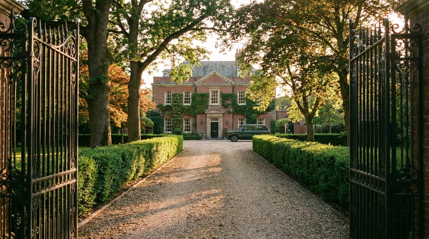 A brick Georgian estate at golden hour, seen down a gravel drive between clipped hedges and old oaks, through open wrought-iron gates.