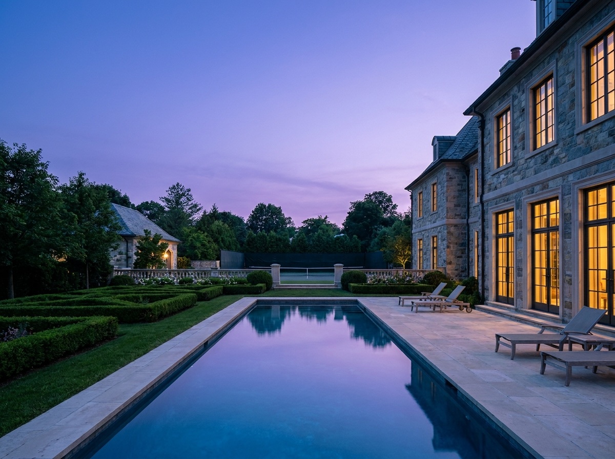 A stone manor at dusk, windows glowing, with a sixty-foot pool reflecting a violet sky and a sunken tennis court beyond the balustrade.